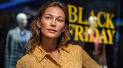 A stunning woman poses in front of a Black Friday display, her expression confident and captivating. She is poised in front of a store window.