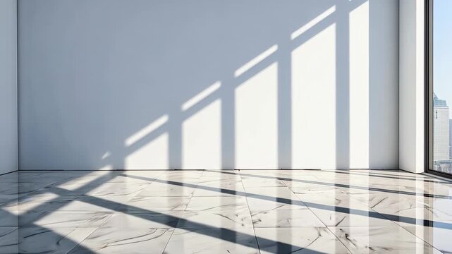 Sunlit Room with Shadows: The sun casts dramatic shadows across a modern room with clean lines, highlighting the sleek marble flooring and creating a play of light and form. The architecture design.