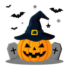 Cheerful cartoon jack o lantern with witch hat and tombstones isolated on a transparent background