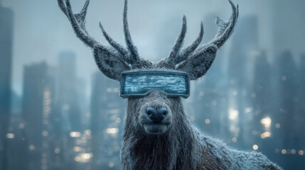 A unique image of a deer wearing virtual reality glasses with cityscape backdrop