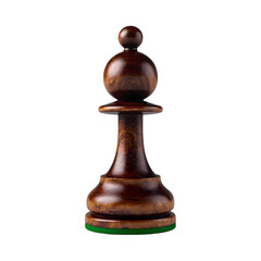 Dark wood chess pawn with green felt base isolated on a transparent background game board