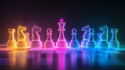 Chess Game Strategy and Innovation: A captivating display of chess pieces, radiating vibrant neon colors against a dark backdrop, symbolizing strategy, intelligence, and calculated moves.