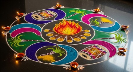 Colorful rangoli design celebrating Lohri with symbols of dhol, fire, and vibrant patterns on the floor