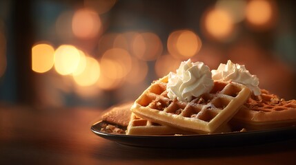 Stacked waffles topped with whipped cream and nuts sit on a plate.