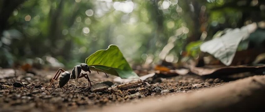 Macro Video of a Leaf-Cutter Ant Carrying a Large Leaf