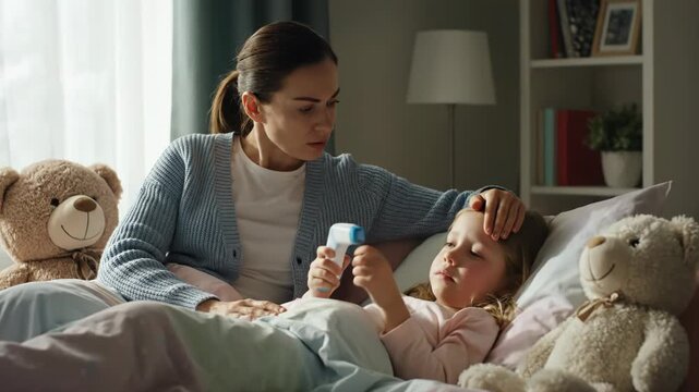 Caring mother checks her daughters temperature with a thermometer while she lies in bed with teddy bears, showing concern and love vector illustration