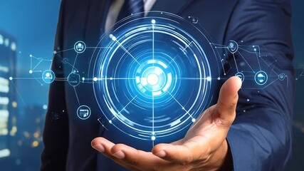 Businessman presents futuristic technology and data in a dynamic, visually appealing way - Powered by Adobe