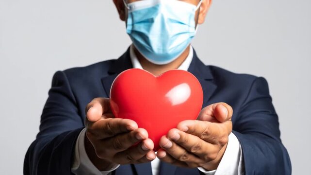 Businessman Offering a Red Heart While Wearing a Protective Face Mask: A Visual Metaphor