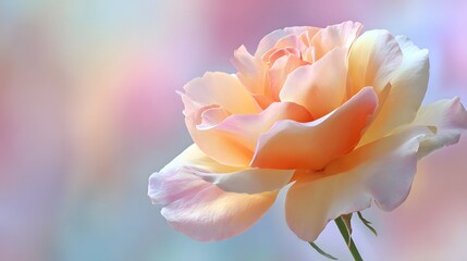 Obraz premium Softly lit peach and cream rose with delicate petals opens to reveal its beauty.