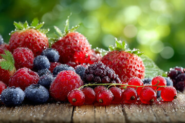 Fresh assorted summer berries covered with morning dew on a rustic wooden surface with a vibrant green blurred natural background for healthy eating