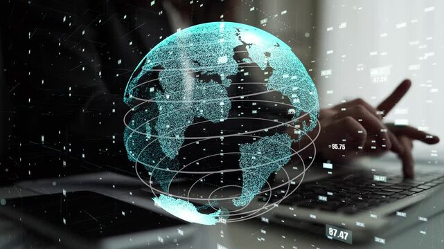 Explore a futuristic visualization of a digital globe representing global data networks, showcasing financial metrics and technology trends for business insights. Xenic - Powered by Adobe