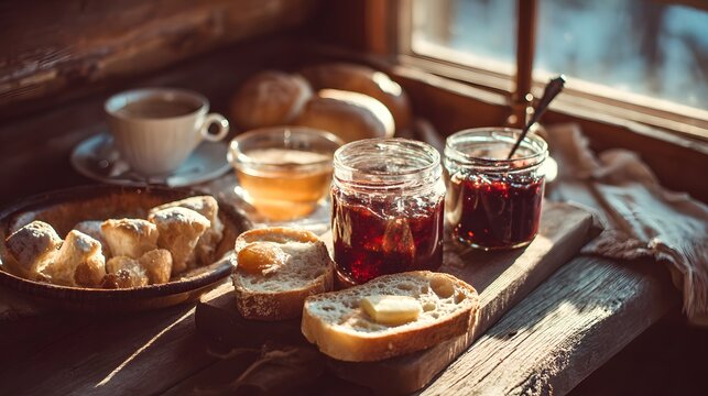 Delicious breakfast spread with coffee, bread, jams, and pastries by the window.