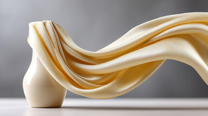 Elegant silk fabric flowing gracefully beside cream ceramic vase for interior decor inspiration