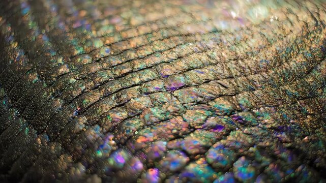 An abstract and mesmerizing macro video that glides over the intricate, geometric patterns of snake scales, revealing their shimmering, iridescent texture.