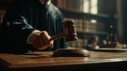 The judge striking the gavel in a solemn courtroom setting.