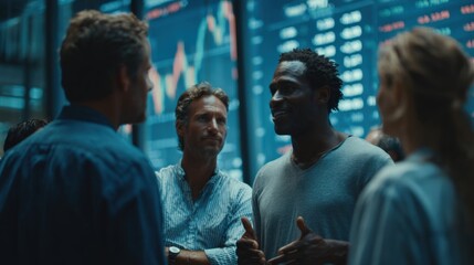 Scene of people in a city looking at a digital stock market display, indicating real-time trading data with glowing numerical values.
