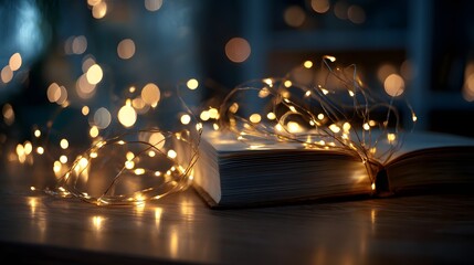 Fototapeta premium Warm string lights illuminate an open book on a wooden surface.