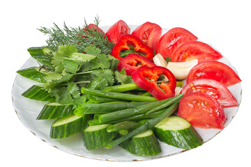 Freshly Chopped Tomato and Cucumber Salad with Parsley on a White Plate isolated