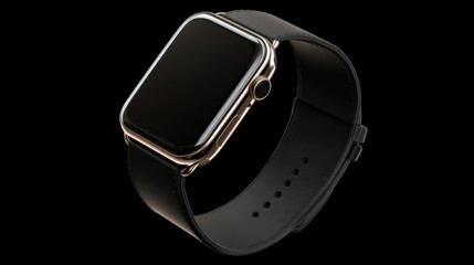 smart watch mockup with black strap, png file of isolated cutout object with shadow on transparent background. Black and digital screen