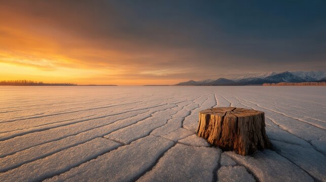Winter Sunset Over a Frozen Lake With a Tree Stump in the Foreground