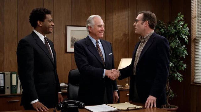 Three businessmen in suits shake hands in an office with wood paneling, sealing a deal or making an agreement vector illustration