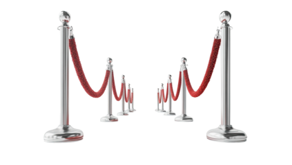 Polished stanchions with red ropes, implying exclusivity, against black