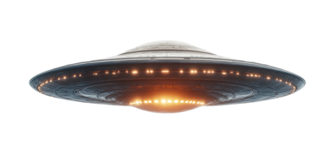 Shiny metallic UFO with bright orange light hovering over black background