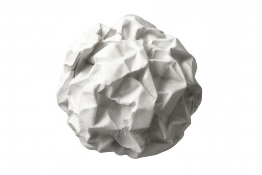 Crumpled white paper ball representing mistake, frustration, waste, and discarded ideas on transparent background