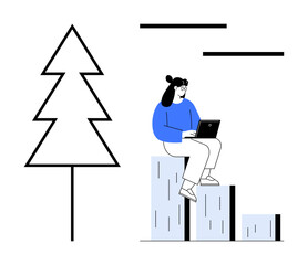 Woman seated on bar graph steps using laptop, adjacent to a minimalist tree outline. Ideal for productivity, growth, remote work, sustainability, technology, data visualization, financial progress