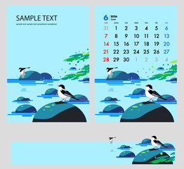 水辺の鳥の背景の6月の夏のカレンダーと表紙デザインとバナー