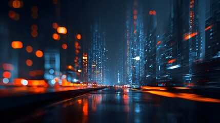 Fototapeta premium Futuristic cityscape with neon lights reflects on wet streets at night.
