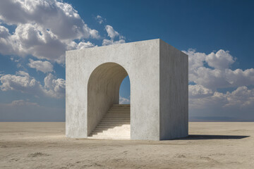 Minimalist concrete cube structure featuring arched stairway in vast desert landscape under a bright blue sky scattered with white fluffy clouds