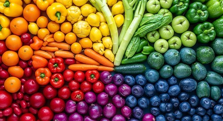 Vibrant Array of Fresh Fruits and Vegetables Artistically Arranged in a Beautiful Rainbow Spectrum, Highlighting Healthy Eating, Wholesome Nutrition, and Natural Wellness Benefits