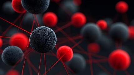 Textured spheres connect with red lines on a dark background.