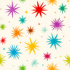 Vibrant colorful starburst shapes scattered over a light background creating a cheerful and festive abstract pattern for decorative design purposes