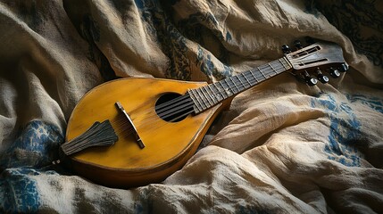 An acoustic wooden guitar resting on a quiet beach ready to play music by the sea