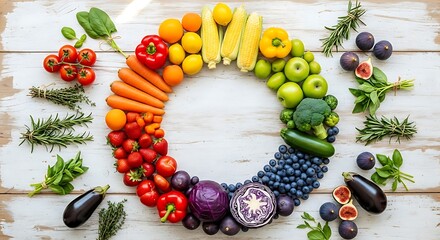 Colorful fresh fruits and vegetables forming a beautiful circular rainbow pattern on a rustic wooden background, symbolizing healthy eating, natural nutrition, and a balanced diet