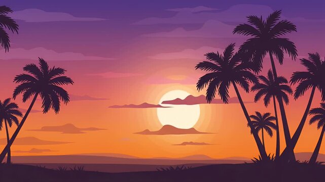 A stylized illustration of a tropical sunset, with silhouetted palm trees