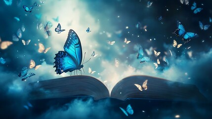 Blue butterfly illustration with nature elements on a night sky and ocean background
