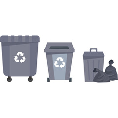 Collection Of Gray Garbage Bins And Trash Bags With Recycling Symbol In Flat Design On Transparent Background