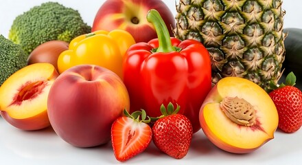 Vibrant and nutritious fresh fruits and vegetables peaches, strawberries, bell peppers, pineapple, broccoli. Essential for a healthy diet and well-being
