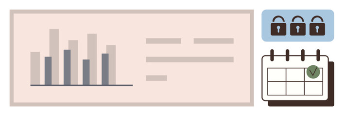 Bar chart with varying data bars, text placeholders, calendar with a checkmark, and three padlocks. Ideal for data presentation, security, planning, productivity, scheduling reporting simple flat