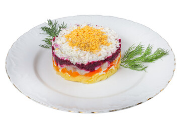 Traditional Layered Herring Salad (Shuba) on a White Plate isolated images on plate