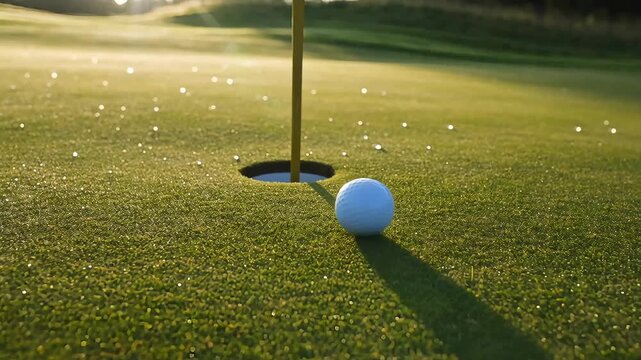 White golf ball rolling slowly across wet green grass towards the hole during golden hour sunrise on the course
