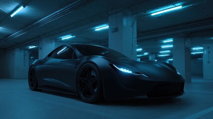 Sleek black sports car parked in underground garage illuminated by blue lights at night