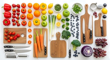 Vibrant flat lay of fresh, healthy fruits and vegetables, artfully arranged in a rainbow gradient with various kitchen tools, ideal for inspiring nutritious meal preparation