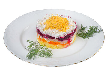 Traditional Layered Herring Salad (Shuba) on a White Plate isolated images on plate