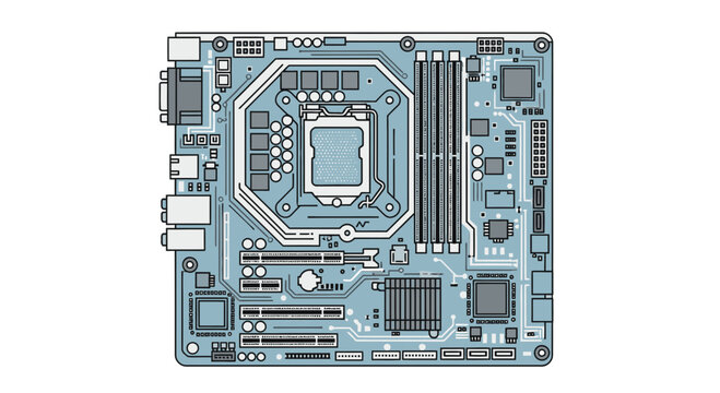 Modern motherboard schematic for tech innovation projects, perfect for illustrating computer hardware and electronics engineering concepts, stylish and professional
