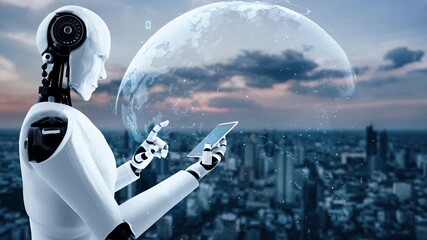 Futuristic robot artificial intelligence huminoid AI programming coding technology development and machine learning concept. Robotic bionic science research for future of human life. 3D rendering. - Powered by Adobe