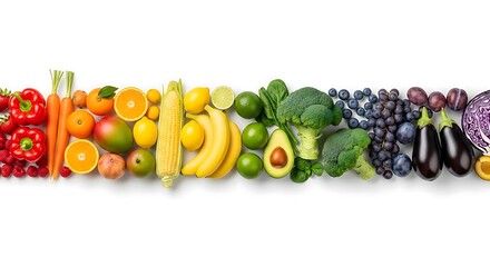 Vibrant and Fresh Array of Fruits and Vegetables Arranged in a Rainbow Spectrum, Showcasing Healthy Eating, Diverse Produce, and Nutritional Benefits on a White Background